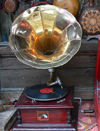 Kruje, Durres County, Albania: 'His Master's Voice' dog and gramophone - vintage phonograph - photo by J.Kaman