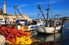 Cherchell - Tipasa wilaya, Algeria / Algrie: harbour - trawlers and fishing nets with colourful buoys | port - chalutiers et filets de pche avec des boues colores - photo by M.Torres