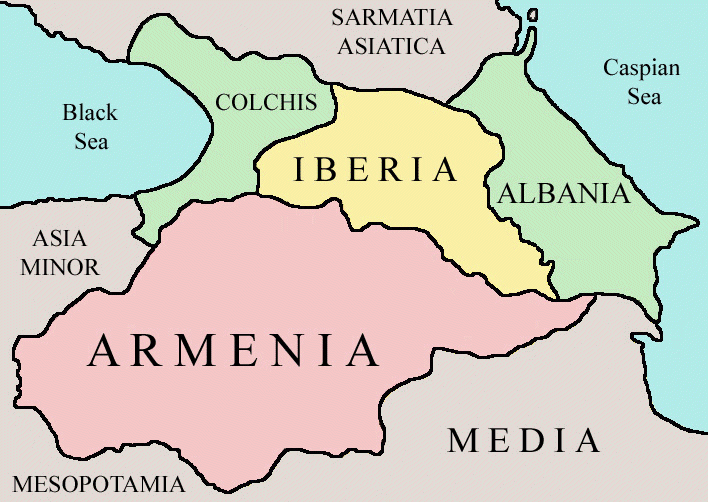 ancient countries of the Caucasus: Armenia, Iberia, Colchis and Albania - map