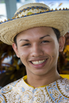 Parintins, Amazonas, Brasil / Brazil: male dancer in straw hat - Boi-Bumb folklore festival - Boi Caprichoso troupe / Festival Folclrico de Parintins - Bumba Meu Boi - photo by D.Smith