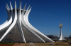 Brazil / Brasil - Brasilia / BSB (DF): the Cathedral and the Campanile - a catedral - arquitecto: Oscar Niemeyer - Catedral Metropolitana Nossa Senhora Aparecida - Esplanada dos Ministrios - architect: Oscar Niemeyer Unesco world heritage site (photo by M.Alves)