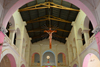 Ouagadougou, Burkina Faso: interior of the Catholic Cathedral of the Immaculate Conception of Ouagadougou / Cathdrale de l'Immacule-Conception de Ouagadougou - nave with crucifix hanging from a roof truss - photo by M.Torres