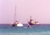 Cape Verde / Cabo Verde - S. Maria, Sal island: off the beach - praia: catamaran + windsurfer + rebocador - photo by M.Torres