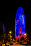 Barcelona, Catalonia: Agbar tower at night, architect Jean Nouvel, Poblenou - high-tech architecture - photo by M.Torres