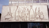 Catalonia - Barcelona: Outdoors work by Pablo Picasso - - Plaa Nova - El fris dels Gegants - Collegi d'Arquitectes building - Frieze of the Giants - Esgrafiat de Picasso sobre formig - photo by Miguel Torres