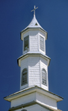 Dalcahue, Chilo island, Los Lagos Region, Chile: quaint neoclassical 19th century church - tower detail  - Unesco World Heritage - photo by C.Lovell