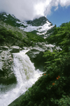 Torres del Paine National Park, Magallanes region, Chile: Andes peak Paine Grande and waterfall in the French River in the French Valley- photo by C.Lovell