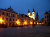 Czech Republic - Telc / Teltsch (Southern Moravia - Jihomoravsk - Jihlavsk kraj: Zacharise z Hradce Square and church of the Assumption - nocturnal - photo by J.Kaman
