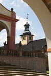 Czech Republic - Prbram: Svata Hora - cloister - stairs and clock tower - photo by H.Olarte