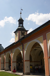 Czech Republic - Prbram: Svata Hora - cloister - arcade and clock tower - photo by H.Olarte