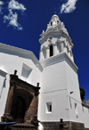 Quito, Ecuador: Catedral Metropolitana - Metropolitan Cathedral - steeple and western facade on Garcia Moreno street - photo by M.Torres