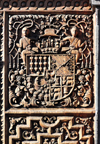 Quito, Ecuador: wood carved door with heraldic motif of the Iglesia y Monasterio del Carmen Bajo - Lower Carmelite Church - puerta tallada en madera - photo by M.Torres