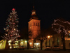 France / Frankreich -  Le Grand Bornand (Haute Savoie): Christmas lights and spire (photo by K.White)