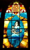French Polynesia - Tahuata island - Marquesas: Vaitahu - church - mother and child in the stained glass window (photo by G.Frysinger)
