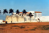 Cape Coast, Ghana / Gana: coconut trees and the castle - landside - Portuguese fort - photo by G.Frysinger