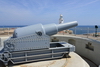 Gibraltar: 38 ton Rifled Muzzle Loading gun at Harding's Battery, aimed at the Gibraltar Straits and Alboran Sea - Europa Point Lighgouse in the backround -  photo by M.Torres