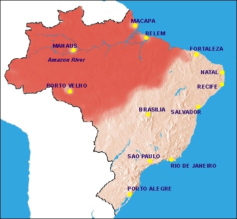 Brazil Malaria map - This map is only intended as a guide since mosquitoes do not respect boundaries and the risk areas shown may not be exact.