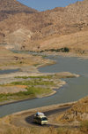 Zab River, Kurdistan, Iraq: Kurdish Landscape - bus on the road along the river - photo by J.Wreford