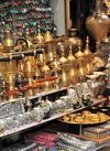 Jerusalem, Israel: shop display - arabian tea pots, metal vases, nacre boxes and assorted souvenirs - Muslim Quarter - photo by M.Torres