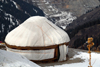 Kazakhstan - Chimbulak ski-resort, Almaty: 'Caf yurta' - yurt and the Alatau Mountains - photo by M.Torres