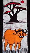 Maseru, Lesotho: painted textile - buffalo and tree - photo by M.Torres