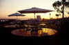 Mozambique / Moambique - Maputo / Loureno Marques: Cardoso Hotel - parasols and view over the city and the harbour / esplanada do Hotel Cardoso - photo by F.Rigaud