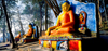 Kathmandu valley, Nepal: Swayambhunath temple - woods and Dhyani Buddha Akshobhya sitting figures - Buddha statues - photo by W.Allgwer