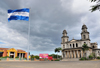 Managua, Nicaragua: Plaza de la Revolucin - flag, Old Cathedral and Presidential palace - photo by M.Torres