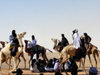 Agadez, Niger: circle of Tuaregs on camels at Mano Dayak airport - photo by A.Obem