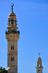 Bethlehem, West Bank, Palestine: shared skyline - minaret of the Mosque of Omar and tower of the Syriac Orthodox Church of the Mother of God - photo by M.Torres