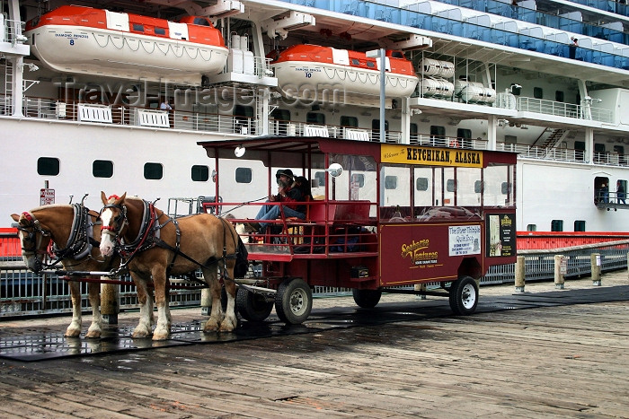 alaska87: Alaska - Ketchikan: a cart awaits the passengers of the Diamond Princess - Seahorse ventures - horse drawn tours (photo by Robert Ziff) - (c) Travel-Images.com - Stock Photography agency - Image Bank