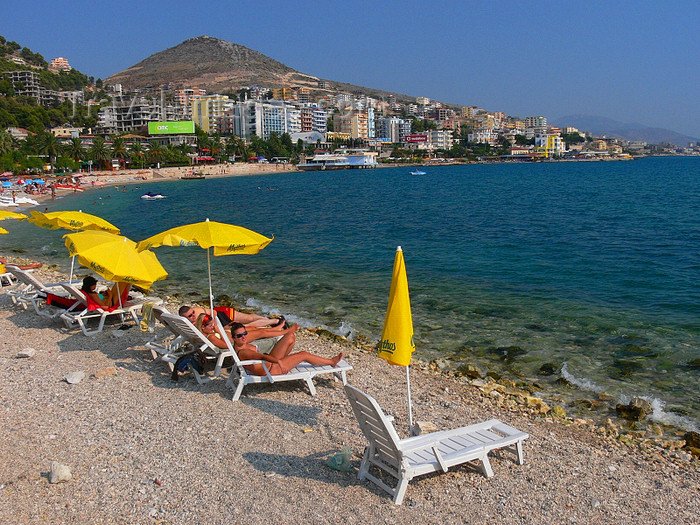 albania154: Sarandë, Vlorë County, Albania: beach scene - chairs by the Ionian sea - Albanian Riviera - photo by J.Kaman - (c) Travel-Images.com - Stock Photography agency - Image Bank