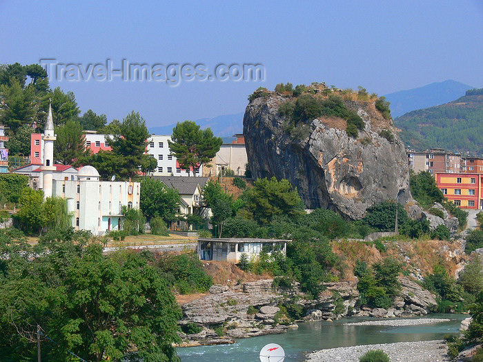 albania36: Përmet, Gjirokastër county, Albania: rock formation and mosque by the Vjosë river - photo by J.Kaman - (c) Travel-Images.com - Stock Photography agency - Image Bank