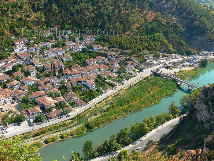 albania39: Berat, Albania: town, river Osum and Ottoman bridge seen from above - photo by J.Kaman - (c) Travel-Images.com - Stock Photography agency - Image Bank