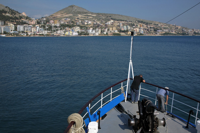 albania66: Sarandë, Vlorë County, Albania: boat prow and the coast line - Albanian riviera - Strait of Otranto linking the Adriatic and Ionian Seas - photo by A.Dnieprowsky - (c) Travel-Images.com - Stock Photography agency - Image Bank