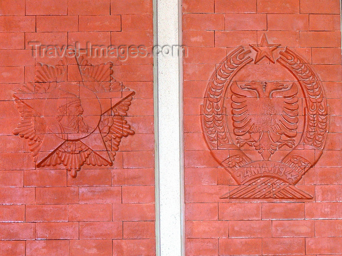 albania84: Kruje, Durres County, Albania: Skanderbeg and the double headed eagle in the Socialist perspective - red bricks - photo by J.Kaman - (c) Travel-Images.com - Stock Photography agency - Image Bank