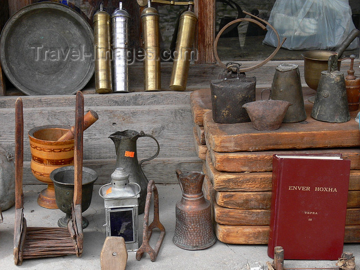 albania89: Kruje, Durres County, Albania: antiques and the writings of Enver Hoxha - local market - photo by J.Kaman - (c) Travel-Images.com - Stock Photography agency - Image Bank