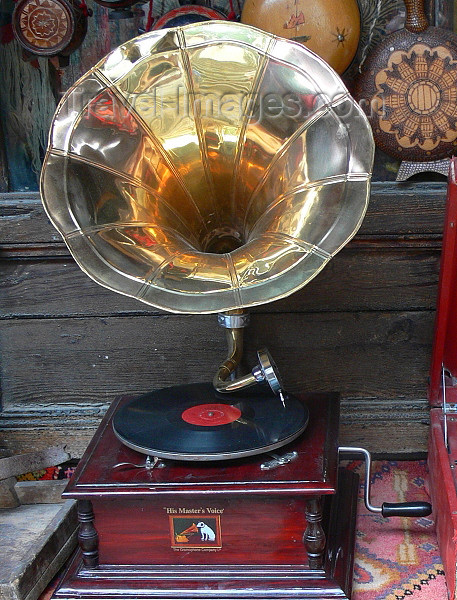 albania91: Kruje, Durres County, Albania: 'His Master's Voice' dog and gramophone - vintage phonograph - photo by J.Kaman - (c) Travel-Images.com - Stock Photography agency - Image Bank