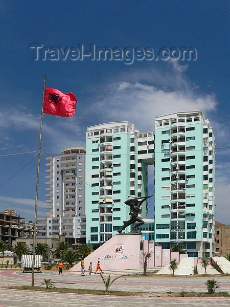 albania94: Durres / Drach, Albania: Albanian flag and apartment buildings - photo by J.Kaman - (c) Travel-Images.com - Stock Photography agency - Image Bank