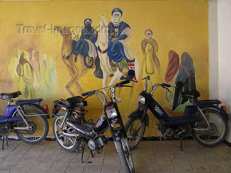 algeria127: Algeria / Algerie - M'chouneche: mopeds and camel riders - wall mural - photo by J.Kaman - vélomoteurs et cavaliers de chameau - mural - (c) Travel-Images.com - Stock Photography agency - Image Bank