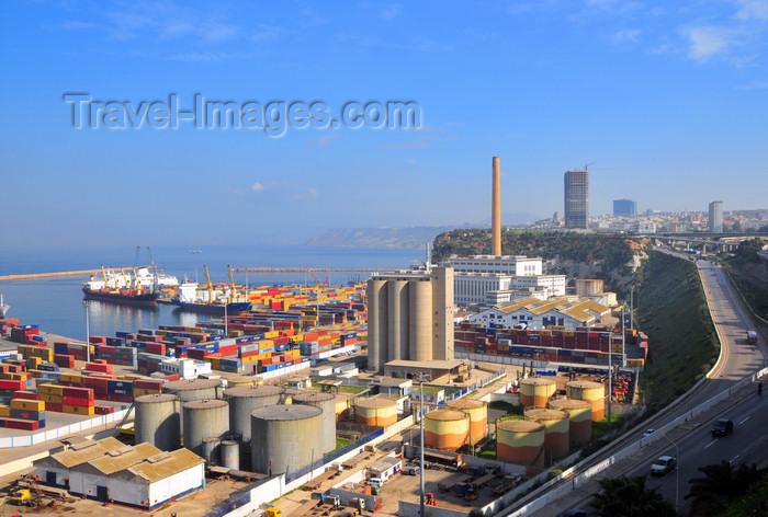 algeria193: Oran, Algeria / Algérie: looking East, along the harbor and Mimouch Lahcen road - shipping containers, fuel tanks and grain elevators - photo by M.Torres | le port et la Route Mimouch Lahcen - Réservoirs de carburant, conteneurs et silos à céréales - (c) Travel-Images.com - Stock Photography agency - Image Bank