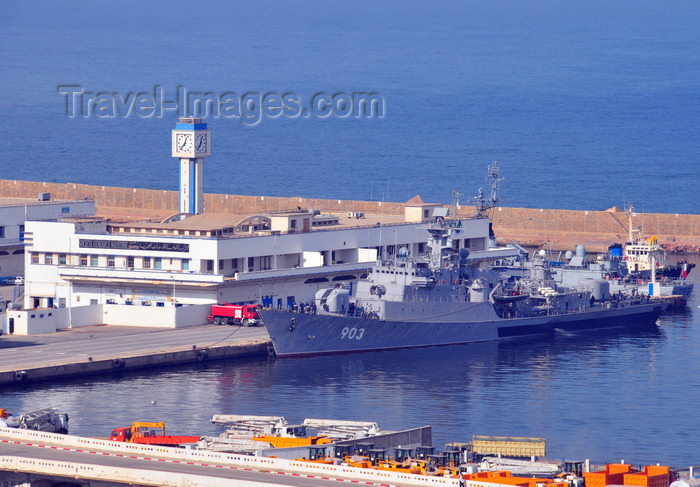 algeria196: Oran, Algeria / Algérie: harbor - the Rais Korfu (903) - Murat Reis / Koni class frigate - Soviet Project 1159, built in Zelenodolsk - Algerian Navy - Societe General Maritime building - photo by M.Torres | le port - la frégate Rais Korfu (903) et le édifice de la Societe General Maritime - Bassin Mostagane
 - (c) Travel-Images.com - Stock Photography agency - Image Bank