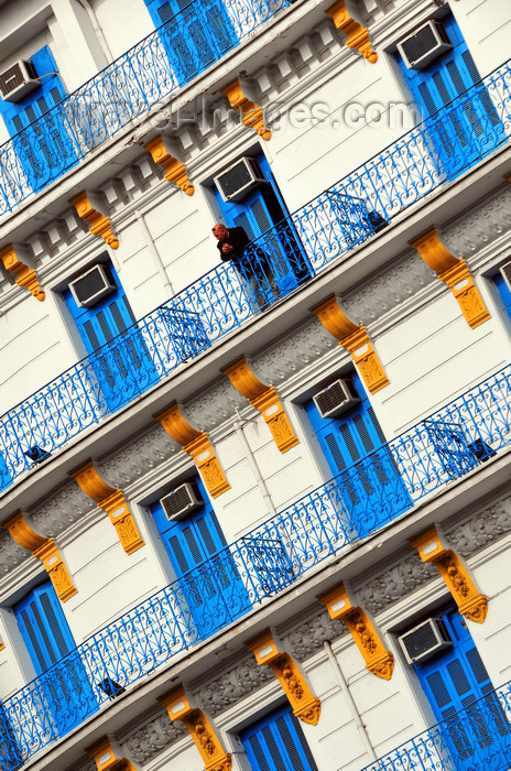 algeria597: Algiers / Alger - Algeria / Algérie: Albert 1er Hotel - white façade, balconies and blue shutters in the sun - Algiers the white | Hôtel Albert 1er - Avenue Pasteur - façade blanche, balcons et volets bleus au soleil - huisseries et ferronneries bleues - Alger la blanche - photo by M.Torres - (c) Travel-Images.com - Stock Photography agency - Image Bank