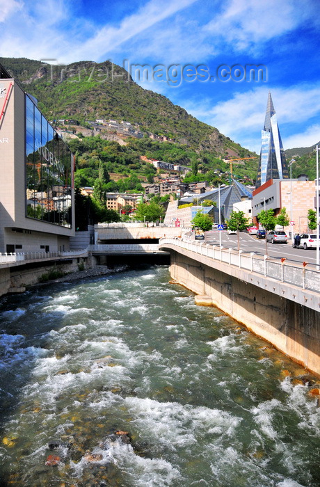 andorra45: Escaldes-Engordany, Andorra: looking upstream along the River Valira - Andbank private bankers HQ and Caldea spa - view from the bridge on Carrer de Manel Cerqueda i Escaler - photo by M.Torres - (c) Travel-Images.com - Stock Photography agency - Image Bank