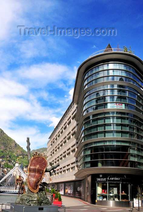 andorra47: Andorra la Vella, Andorra: building housing Andorra1 FM radio and sculpture 'La noblesse du temps', Salvador Dalí - Avinguda Meritxell, at Plaça de la Rotonda - Paris bridge in the background -  photo by M.Torres - (c) Travel-Images.com - Stock Photography agency - Image Bank