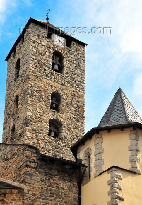 andorra50: Andorra la Vella, Andorra: St Esteve Church - undecorated Romanesque three-story stone bell-tower with clock - Església parroquial de Sant Esteve - photo by M.Torres - (c) Travel-Images.com - Stock Photography agency - Image Bank