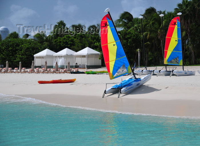 anguilla45: Maundays Bay, West End Village, Anguilla: Caribbean beach scene - mini-catamarans and beach gazebos - Cap Juluca hotel - photo by M.Torres - (c) Travel-Images.com - Stock Photography agency - Image Bank