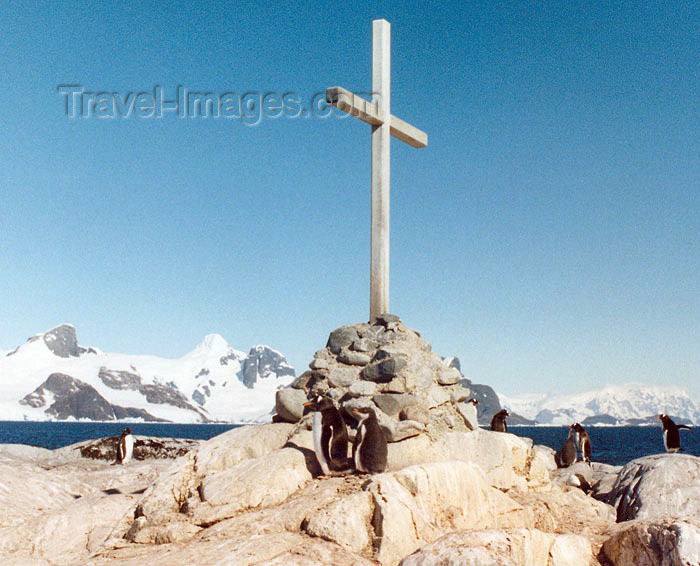 antarctica21: Petermann Island, Antarctica: peguins around a cairn with cross, commemorating the British explorers who died while crossing the sea ice in 1982 - photo by G.Frysinger - (c) Travel-Images.com - Stock Photography agency - Image Bank