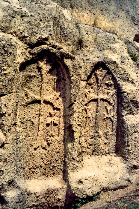 armenia104: Armenia - Geghardavank / Geghard (Kotayk province): Khachkars carved on the cliff face - Unesco world heritage site - photo by M.Torres - (c) Travel-Images.com - Stock Photography agency - Image Bank