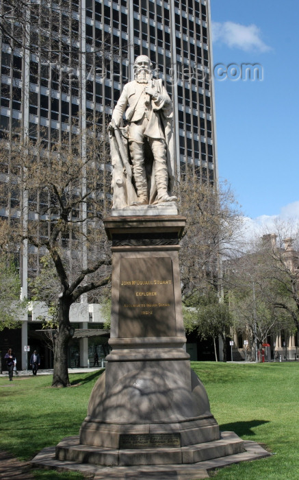 australia558: Australia - Adelaide (SA): Statue of John McDouall Stuart at Victoria Square. Inscription reads “John McDouall Stuart, Explorer, Adelaide to Indian Ocean 1861-2 - photo by R.Zafar - (c) Travel-Images.com - Stock Photography agency - Image Bank